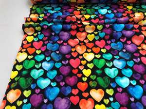 Bomuldsjersey - sort med regnbue hjerter